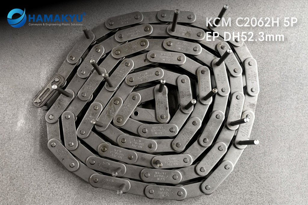 KCM Double Pitch Roller Chain C2060H 15P A2, pitch 38.1mm, every 15 pitch has an A2 attachment, length 285 links/box, origin: Japan (details as per drawing 132723)